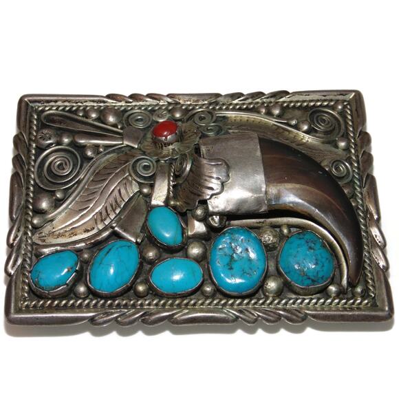 Vintage Navajo B. Begays Sterling Silver Coral Claw Turquoise Large Belt Buckle - Picture 1 of 5